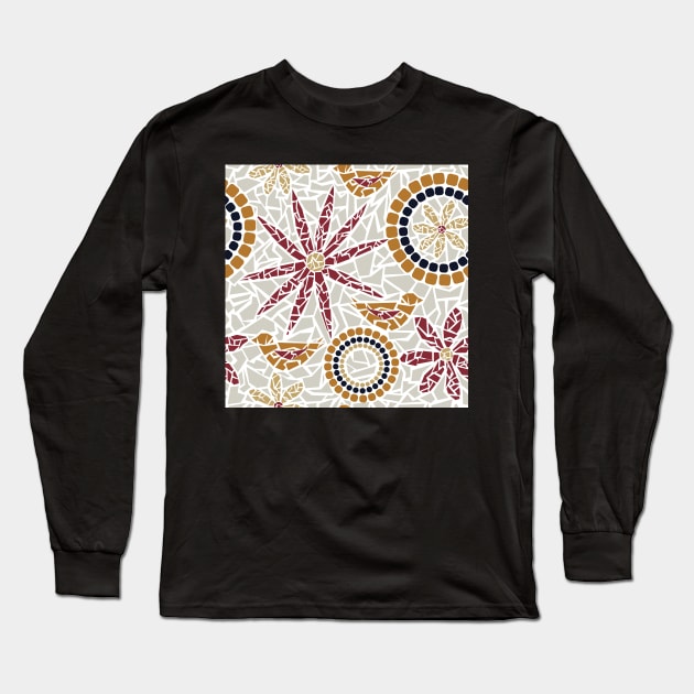 Mosaic Art - Birds and Flowers - Burgandy Beige Rust Patten Long Sleeve T-Shirt by whyitsme